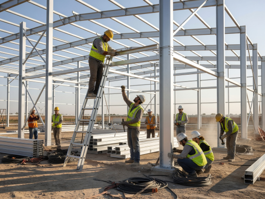 Construction crew carefully assembling the aluminum frame of an event venue