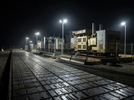 Heavy duty temporary trackway and generator compound set up at night