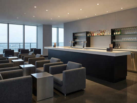 Interior view of contemporary event seating and bar equipment